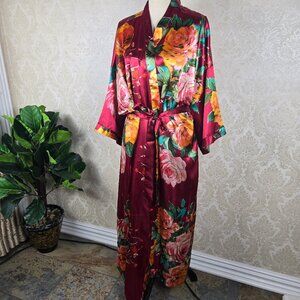 Unbranded Size XL/XXL/XXXL Satin Robe Maroon Multicolor Flowers Self Tie Belt